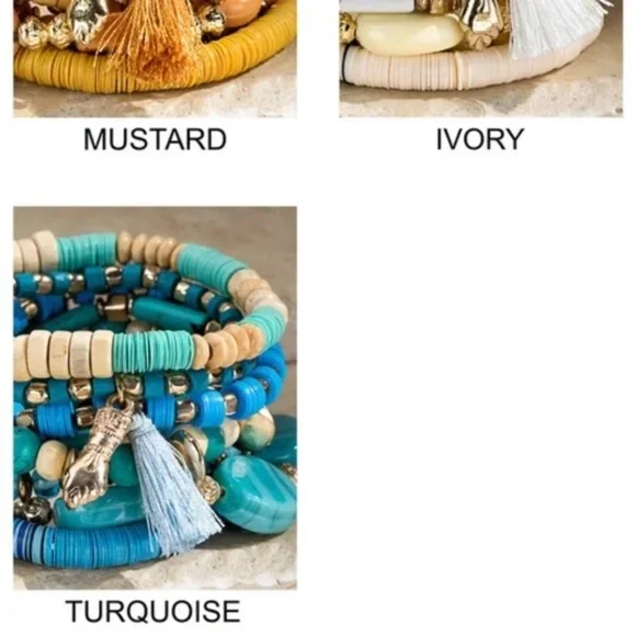 SOLD OUT Multi Layer Turquoise Charm Beaded Wood Metal Gold Bead Stretch - Picture 7 of 7